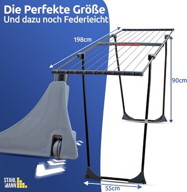 Розкладна сушилка для білизни STAHLMANN® - 20 м сушильної поверхні, чорна, з кріпленнями для дрібних речей, Made in EU