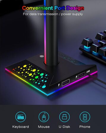 Кронштейн для гарнітури HCMAN RGB з 2 USB, світлодіодна підставка для навушників для ПК-геймера, чорний