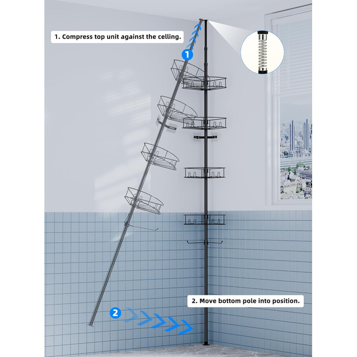 Телескопічна душова полиця Bomclap з 4 кошиками та 1 рушникосушкою, душова полиця без свердління, регульована по висоті 149-276 см для душу та ванни Black