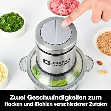 Електричний подрібнювач для кухні Kitchen in the Box 400W з 2 чашами (2L+2L) та двосторонніми лезами з нержавіючої сталі. Подрібнювач для м'яса, овочів, цибулі, фруктів срібного кольору.
