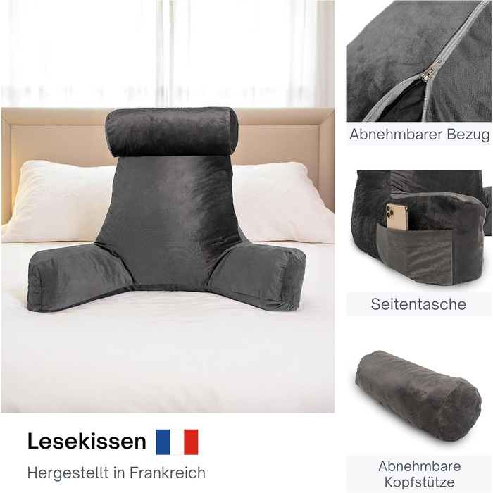 Подушка для читання Bananair – м'яка та комфортна спинка для ліжка та дивану з тканини Cord. Знімна та пральна наволочка, ергономічна сидіння з підлокітниками (кремовий)