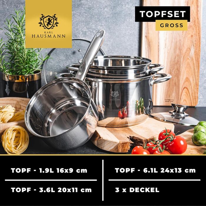 Набір каструль з нержавіючої сталі 3 шт. для всіх типів плит - каструлі з мірною шкалою, з кришкою з термостійкого скла