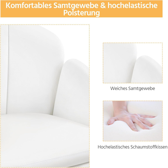 Крісло Yaheetech для дому та офісу: крісло для макіяжу, крісло для робочого столу, регульоване по висоті, поворотне, до 136 кг, з підлокітниками та спинкою, для спальні, офісу, вітальні, біле, велюрове