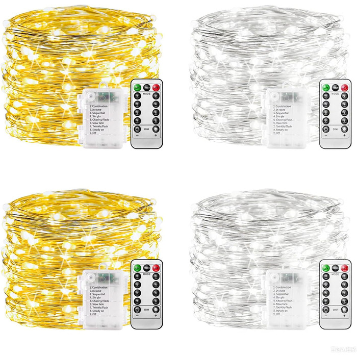 Ланцюжок прикрас з LED-лампочками на батарейках, 100 LED, 10 метрів, 8 режимів, пульт дистанційного керування, таймер, теплий білий, диммування, вологостійкий, для прикрашання на Різдво