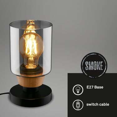 Приліжкова лампа, димчасте скло, настільна лампа з кабельним вимикачем, настільна лампа E14 для домашнього офісу, лампа для читання, чорне дерево (форма - циліндр)