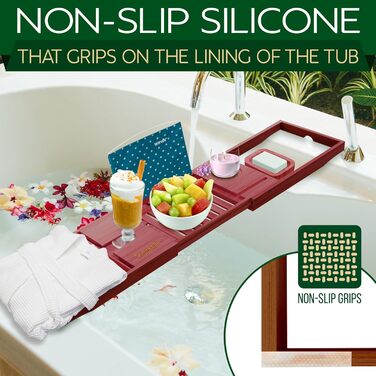 Підставка для ванни SereneLife з дерева – Розширювана підставка для ванни 70-105 см з тримачем для напоїв та книжковою підставкою (Колір: Коричневий)