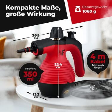 Пароочисник ручний Neighbor's Friend® Нова модель – Потужний ручний пароочисник, 3,5 Bar, кабель 4м, бак 350мл. Підходить для авто, майстерні, дому та миття вікон. (Пароочисник – Червоний – 2 шт.)