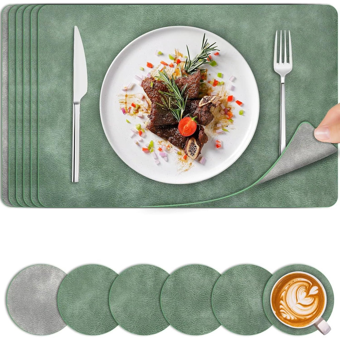 Набори підставки під гаряче та серветки 6 шт. | Коричневе шкіряне покриття з ефектом крави | Стійкі до подряпин, водонепроникні | Для обіднього столу, кухні, квартири | Зелений та сірий набір 6 шт.