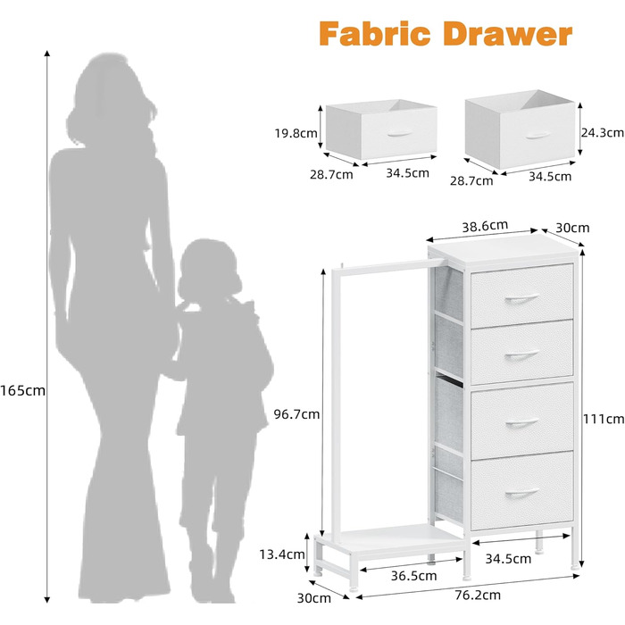 Комод 111 см з 4 висувними ящиками з тканини, полиця для одягу, білий комод для спальні, вітальні, передпокою, шафа для одягу, подарунок, 30T x 76.5B x 111H см (4 ящики), білий