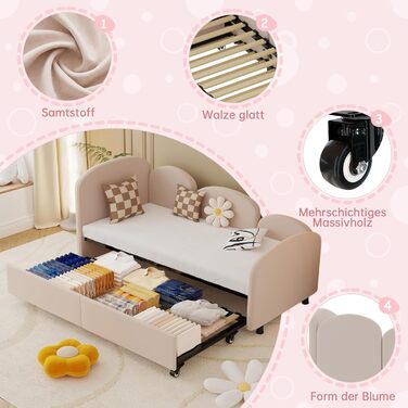 Дитяче ліжко-диван-трансформер 90x200 з висувною платформою, рожевий велюр, без матраца