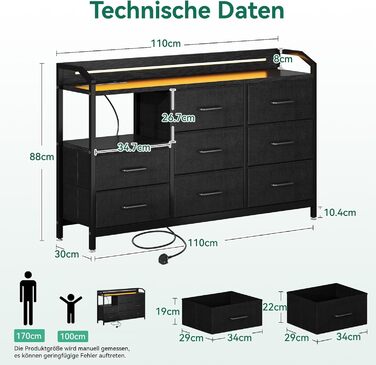 Комод ODK з висувними ящиками та LED-підсвіткою, 10 кольорів, 2 USB та 2 AC розетки, 8 тканинних ящиків, для вітальні та спальні, 110x30x88 см (Чорний)