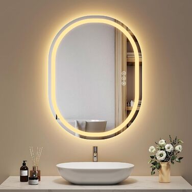 EMKE Дзеркало для ванної кімнати з підсвічуванням 50x90 см овальне з сенсорним вимикачем, 3 кольори світла, регулювання яскравості, антизапарник, функція пам'яті, автоматичне вимкнення через 3 години