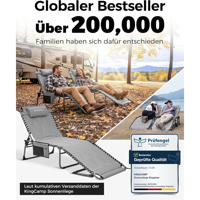Лежак для відпочинку KingCamp великого розміру, складаний, 5 положень, для саду, кемпінгу, пляжу, з подушкою та кишенею, до 200 кг, 200 x 68 см, сірий