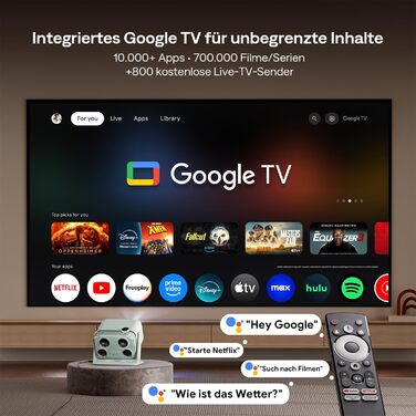 Aurzen Boom Mini 4-в-1 Smart Beamer: проєктор 4K з Google TV, аудіо Dolby 20W, Wi-Fi, Bluetooth, автофокус, корекція трапеції (зелений)
