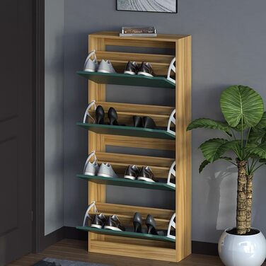 Взуттєва шафа BAKAJI з МДФ, 4 дверцята, відкидна полиця, врізні ручки, подвійна глибина, компактна, 63 x 24 x 150 см, для дому, зелений та дуб