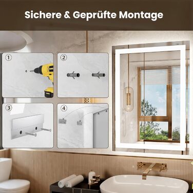 LED дзеркало для ванної кімнати 60x80 см з підсвічуванням, сенсорне, регульоване, 3 кольори світла, антизапар, IP44, вертикальна/горизонтальна установка