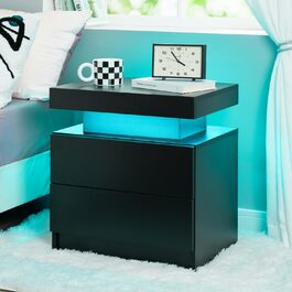 Cubehom Приліжкова тумба з LED підсвіткою, сучасна тумбочка з 2 шухлядами для спальні та вітальні, чорна