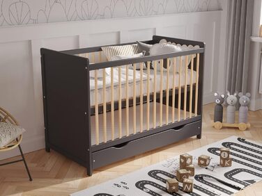 Дитяче ліжечко Love For Sleep з шухлядою та матрацом алое вера 120 x 60 см, бар'єр безпеки, прикусні шини антрацит/сосна