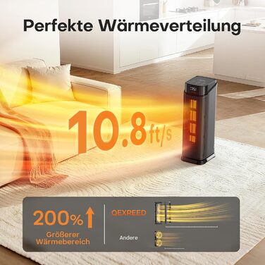 Електричний обігрівач QEXREED 2000W з PTC, 4 режими, ECO, осциляція 90°, таймер 24г, пульт, тихий, захист від перегріву та перекидання