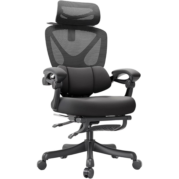 Ергономічне крісло для офісу та ігор з високою спинкою, регульованою поперековою підтримкою, дихаюча сітчаста тканина, широке сидіння, підставка для ніг, стабільне комп'ютерне крісло (Білий) (Чорний)