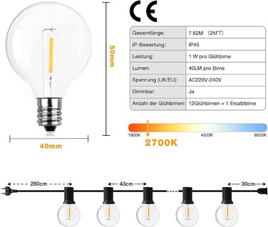 Струнні гірлянди для зовнішнього освітлення, GPATIO 7.62 M струнний світильник для зовнішнього освітлення з живленням від 12 Пластикова тепла Біла лампа розжарювання, світло