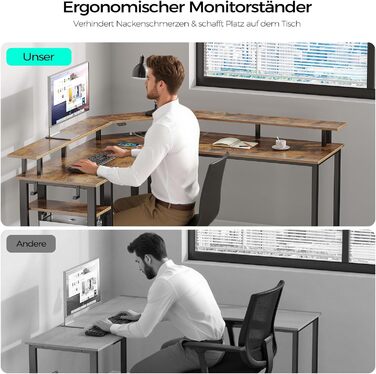 Комп'ютерний стіл Rolanstar L-подібний з RGB підсвічуванням та розетками, геймінговий стіл з полицею та 2 гачками, для офісу, робочого кабінету, спальні (117см) (Вінтажний коричневий, 137 x 77 x 87 см)