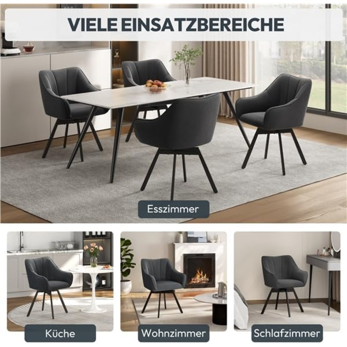 Крісло Yaheetech для кухні/їдальні/вітальні, обертається на 360°, з підлокітниками та металевими ніжками, темно-сірий, комплект з 4 шт.