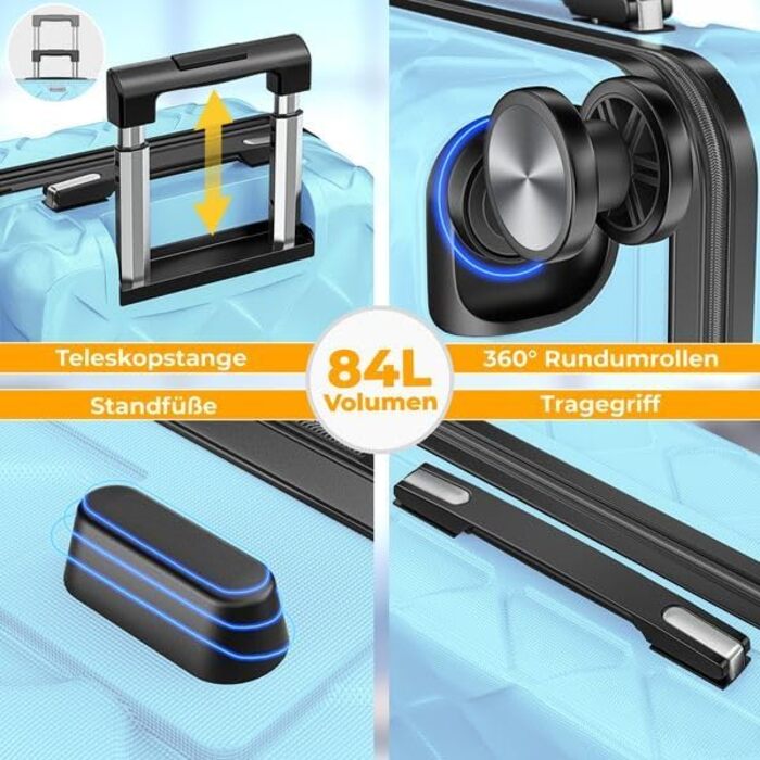 Чемодан KESSER® 84L з ABS-пластику з кодовим замком, вагами та аксесуарами для подорожей | Валіза на колесах для бізнесу та відпочинку, блакитний, 66 см