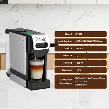 Кавомашина KOTLIE ST-550 Multi-Kapsel: 4-в-1 для Nes Original, Dolce Gusto, Mio та з меленої кави, 19 Bar, 7 рівнів
