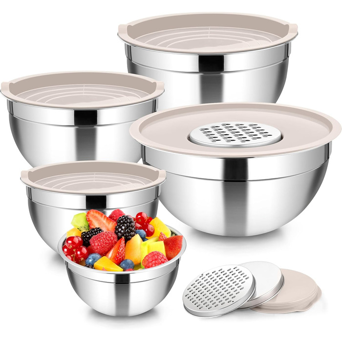 Набір мисок Homikit: 5 мисок з нержавіючої сталі з кришками та силіконовим дном, мультифункціональні, складані, придатні для миття в посудомийній машині, 6.6L / 3.5L / 2.5L / 1.5L / 1L (Хакі, з 3 тертками)