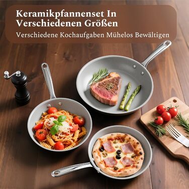 Набір сковорідок Koch Kode: керамічні сковороди 20, 24, 28 см з нержавіючою ручкою, індукційне дно, без PTFE та PFOA, придатні для миття в посудомийній машині та випікання, бежевий колір