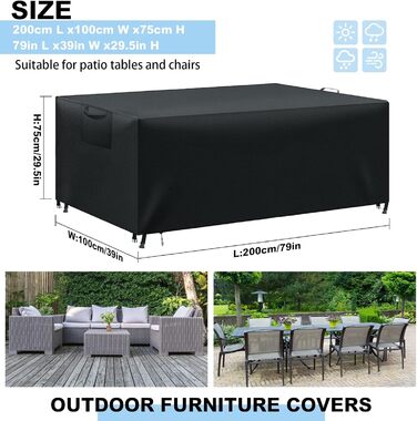 Водонепроникний чохол для садово-патіо меблів, анти-UV, міцний, 420D Oxford, чорний, 200x100x75 см