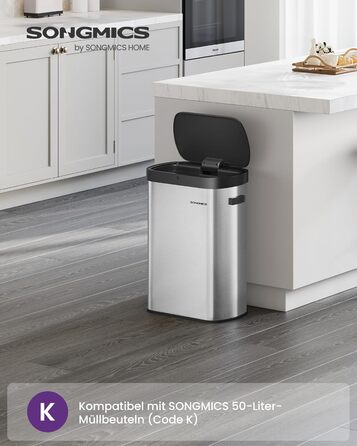 SONGMICS Відро для сміття з сенсором, автоматичне, 50 л, відкриття рухом руки або дотиком, Softclose-кришка, сталь, з 15 мішками для сміття, LTB640B02 (металік срібло + чорний)