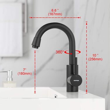 Змішувач для ванної кімнати GRIFEMA - поворотний на 360°, одноlever, нержавіюча сталь, 180 мм, гаряча та холодна вода, економія води, проста установка, з'єднання 3/8″, для гостьового туалету, G1002A (Чорний)