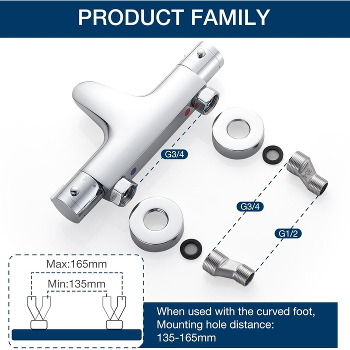 Змішувач для ванни з термостатом, дощова лійка для душу, хром. Змішувач для ванни з термостатом для 2 споживачів