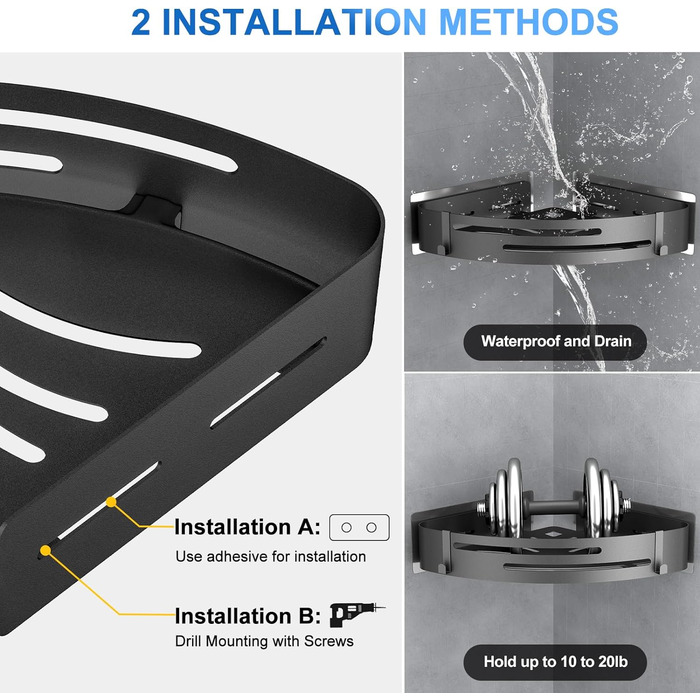 Душова полиця PNNP без свердління чорний кутовий набір душових полиць з 2 шт. з 4 гачками, нержавіюча для шампуню та гелю для душу