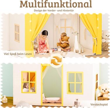 Дитяче намет-будиночок EROMMY 2-в-1 з килимком, прапорцями та світлодіодними смугами, з двома дверцятами, з даховим віконцем, для дому, від 3 років (Жовтий)