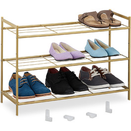 Металева полиця для взуття Relaxdays, 3 рівні, розширювана, полиця для взуття для передпокою HBT 50 x 70 x 26 см, 9 пар взуття, відкрита, золота