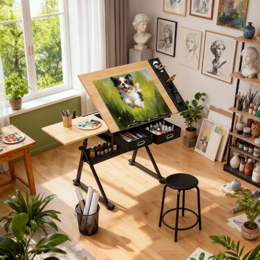 Набір мольбертів Magshion: регульований стіл для художника з нахиленою дерев'яною столешницею, ящиками та стільцем. Підходить для дому, офісу та школи (білий/чорний)