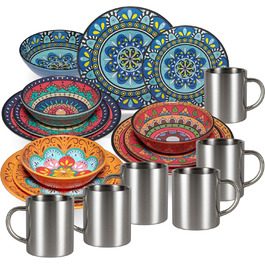 Набір посуду з меламіну Тоскана Пастель (16 частин) - BUNT, з мандала-орнаментом. Підходить для миття в посудомийній машині. Ідеально для кемпінгу, подорожей, пікніків та вечірок на природі. Включає: тарілки, миски, чашки з нержавіючої сталі.