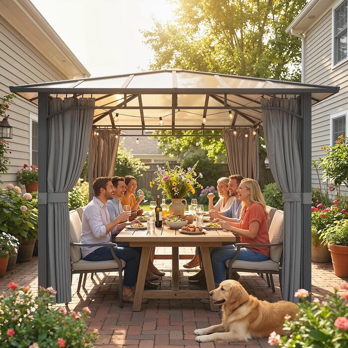Павільйон для саду приблизно 3 x 3 м, металевий з дахом з полікарбонату товщиною 6 мм, 4 бічні панелі, захист від ультрафіолету UV50+, темно-сірий