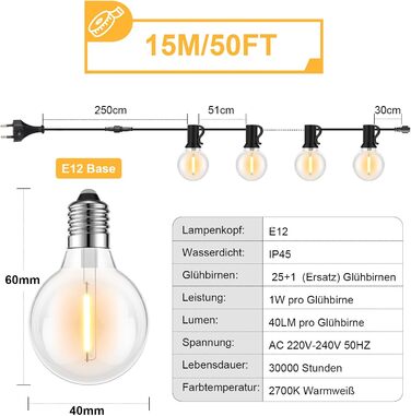 LED гірлянда для вулиці 45,7 м з пультом, 75 LED, тепле світло, IP45, для саду, балкону, тераси, кемпінгу та вечірок (220V)
