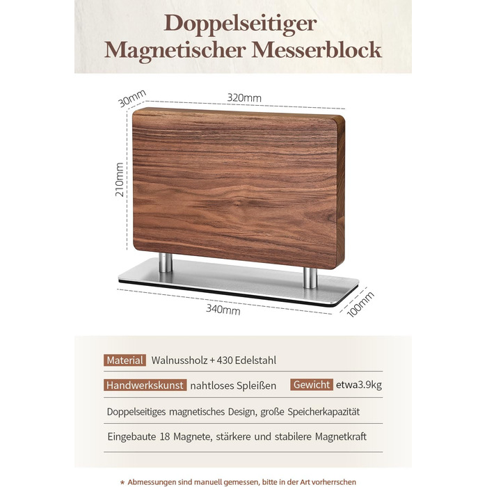 Блок для ножів XINZUO з волоського горіха, магнітний, двосторонній - тримач для ножів без ножів, для кухні, легко миється, з подарунковою коробкою