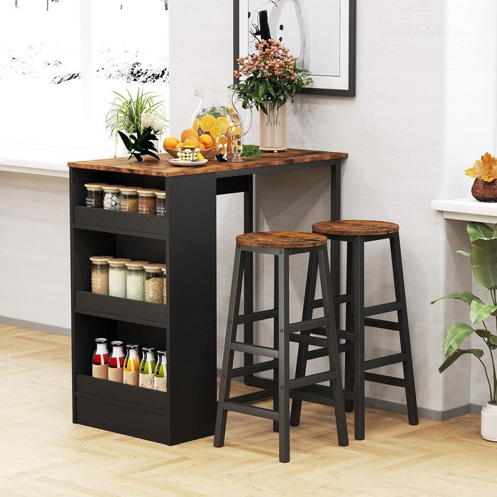 Барний стіл COSTWAY з барними стільцями (набір для 2 осіб), з 3 полицями, кухонний стіл у стилі ретро, колір - коричневий