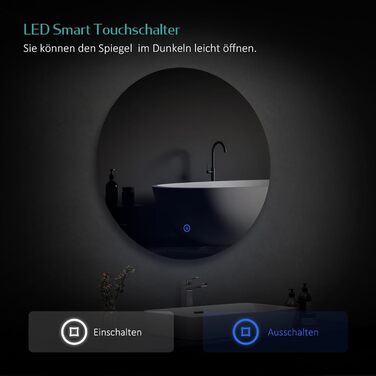 Дзеркало для ванної кімнати EMKE з підсвічуванням, діаметр 50 см, регульоване холодне біле світло, функція пам'яті, сенсорне керування, IP44, енергозберігаюче, заднє підсвічування