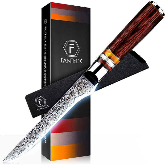 Японський кухонний ніж FANTECK Gyuto з дамаської сталі 67 шарів (20 см) з ручкою Pakkaholz. Професійний ніж для кухні, 5.5 дюймів. У подарунковій коробці.