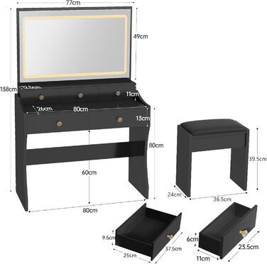 Трюмо COMHOMA з підсвічуванням, дзеркалом та прихованою LED-смугою, зі стільцем та 5 висувними ящиками, з розеткою, 3 колірні температури та регульована яскравість, білий (чорний)