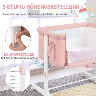 Дитяче ліжко-гойдалка Dreamade 2 в 1 з регулюванням висоти, 86 x 63 см, рожеве, від народження до 9 кг, з матрацом та колесами