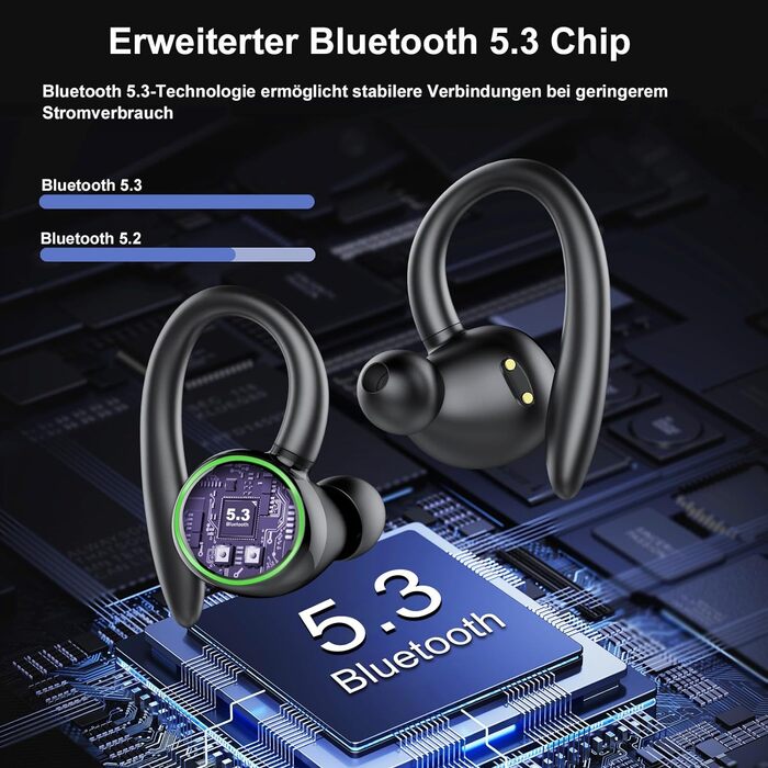 Спортивні навушники Bluetooth 5.3, У вухах, ENC з шумозаглушенням, HiFi, 48 годин, IP7, LED-дисплей, Чорний