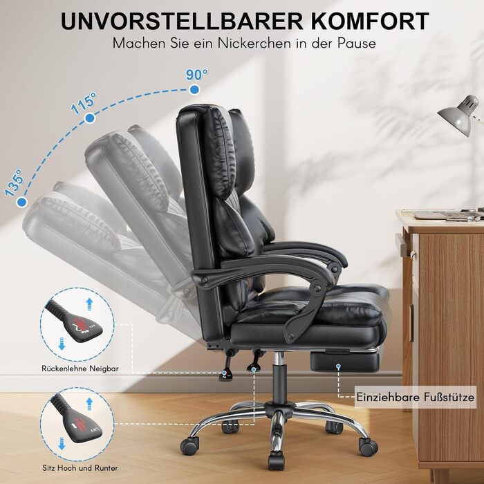 Офісний крісло-шезлонг для кухні від NaspaLuro з підніжкою, чорного кольору. Ергономічний комп'ютерний стілець з PU шкіри, м'якими підлокітниками та регульованою спинкою. Регульована висота, поворотний механізм. Без підігріву.